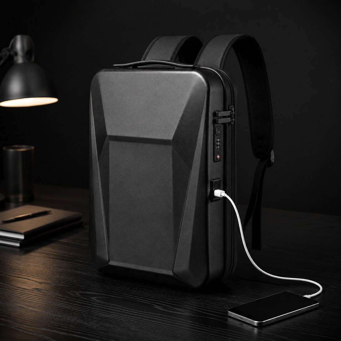 The Vault backpack in black, shown on a desk with the USB port charging a phone