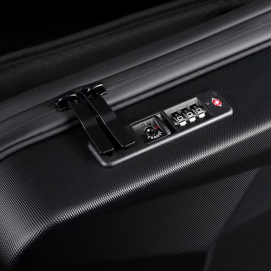 Close view of the TSA-approved combination lock and dual zip pulls