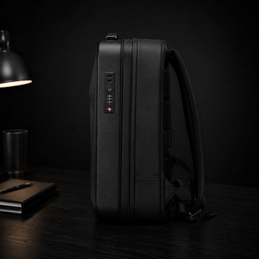 Side profile showing the TSA combination lock and expansion zip