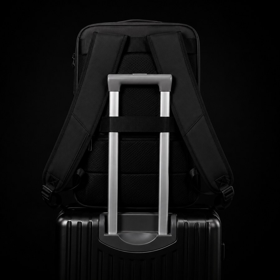 Back panel sliding over a suitcase handle via the trolley sleeve